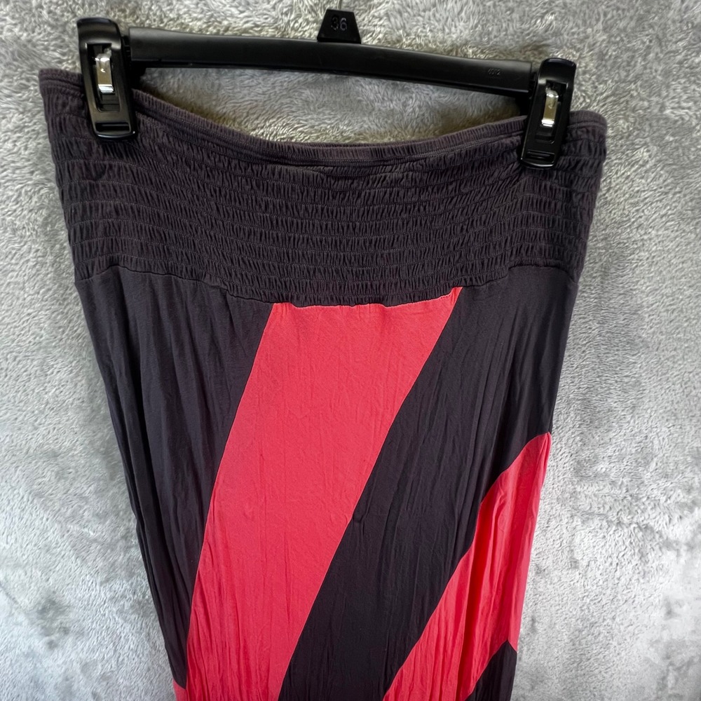 Black and Coral Pink Striped Large Smocked Waist‎ Viscose Maxi Retro Whimsigoth